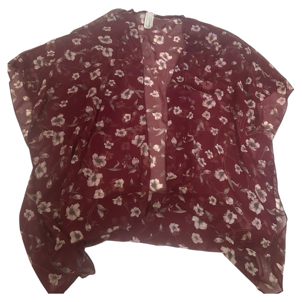 Minimi maroon floral print fall sheer kimono